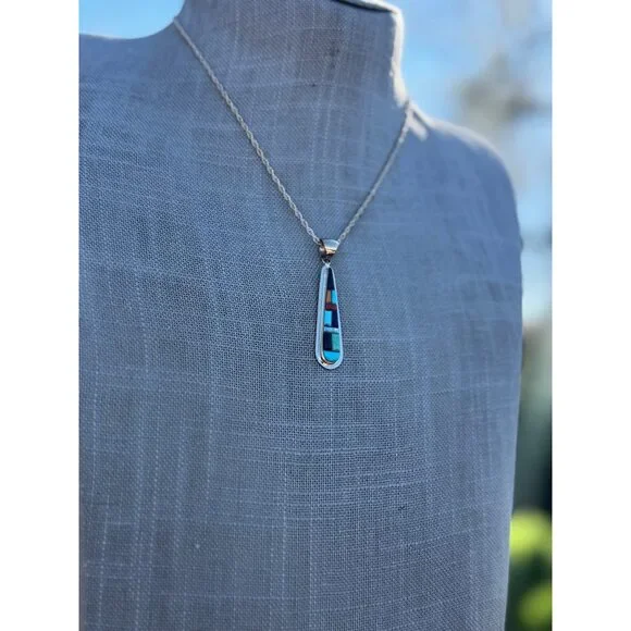 Handmade Gold Filled Over Sterling Silver & Multi Stone Inlay Pendant Necklace